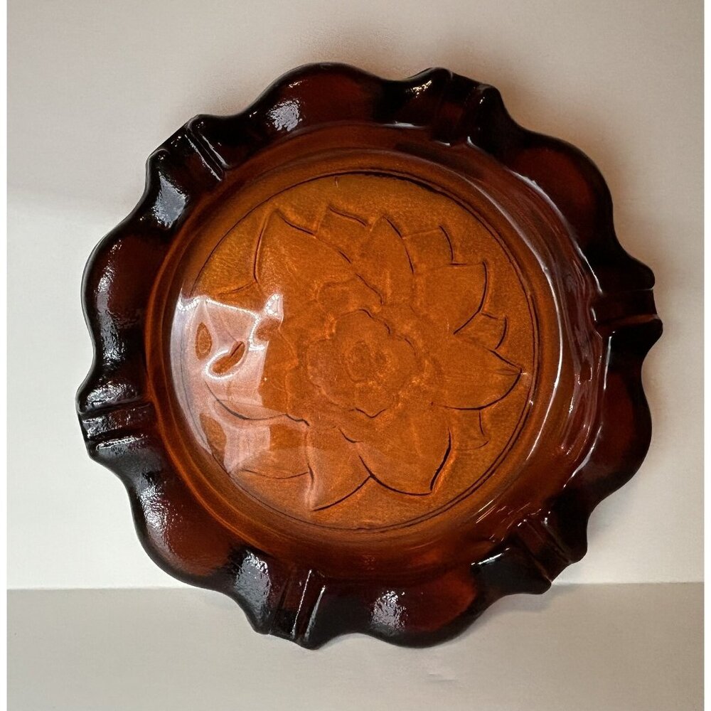 Vintage Amber Ashtray Paint Brush Trinket Coin Dish Indiana Glass MCM Heavy - Picture 4 of 11